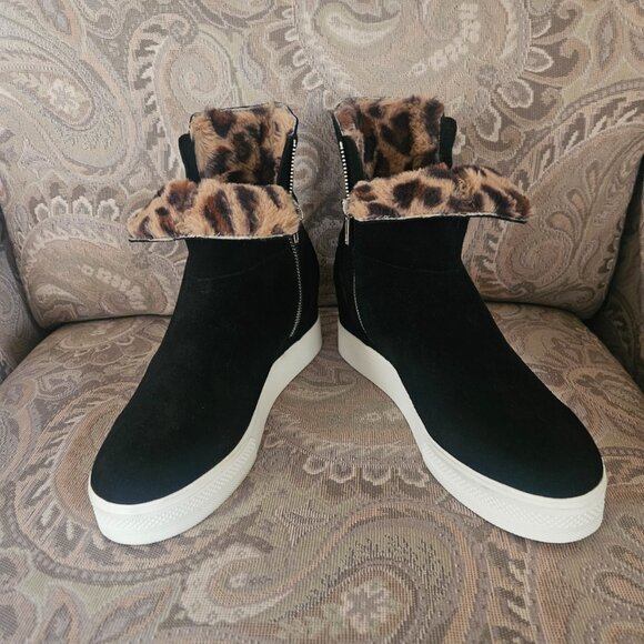 STEVE MADDEN Womens Black Suede/Leather Double-Zip Ankle Boots 9.5M Animal Print - Picture 1 of 11
